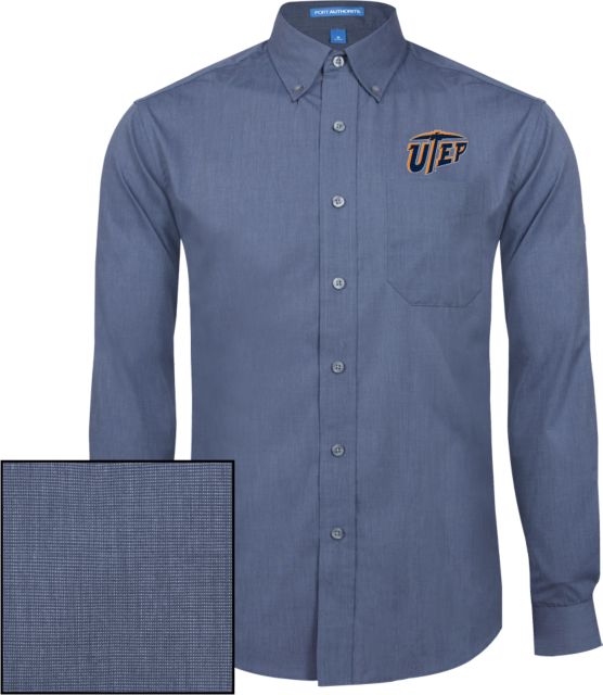UTEP Mens Deep Blue Crosshatch Poplin Long Sleeve Shirt Primary University Mark - ONLINE ONLY