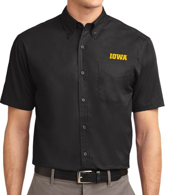 Iowa Twill Button Down Short Sleeve Black Iowa Wordmark - ONLINE ONLY