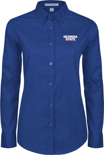 Georgia State Womens Twill Long Sleeve Button Down Stacked Logo - ONLINE ONLY
