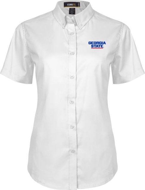 Georgia State Womens Twill Button Up Short Sleeve Stacked Logo - ONLINE ONLY