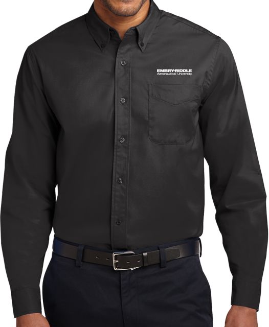 Embry Riddle Worldwide Twill Button Down Long Sleeve Black ERAU Wordmark - ONLINE ONLY