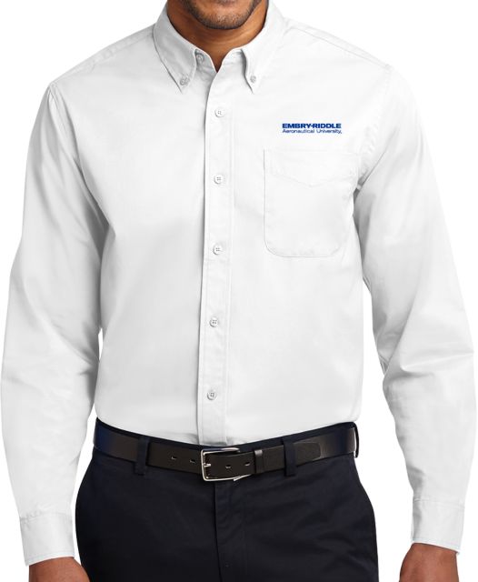 Embry Riddle Worldwide Twill Button Down Long Sleeve White ERAU Wordmark - ONLINE ONLY
