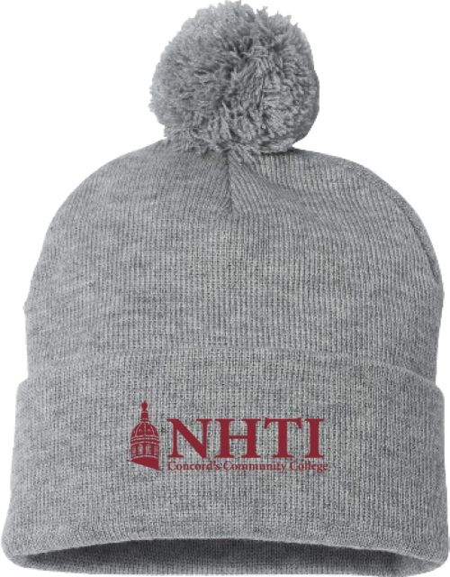 NHTI Concord Sportsman Pom Pom Cuffed Beanie NHTI Primary Wordmark - ONLINE ONLY