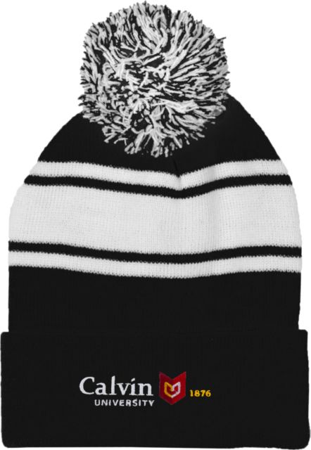 Calvin Univ Two Tone Knit Pom Beanie w/Cuff University Logo 1876 Horizontal - ONLINE ONLY