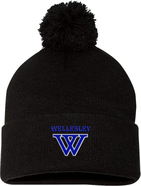 Wellesley Sportsman Pom Pom Cuffed Beanie Wellesley Primary Athletic Mark - ONLINE ONLY