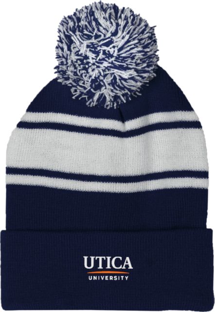 Utica Navy/White Two Tone Knit Pom Beanie w/Cuff Utica University - Insitutional Mark - ONLINE ONLY