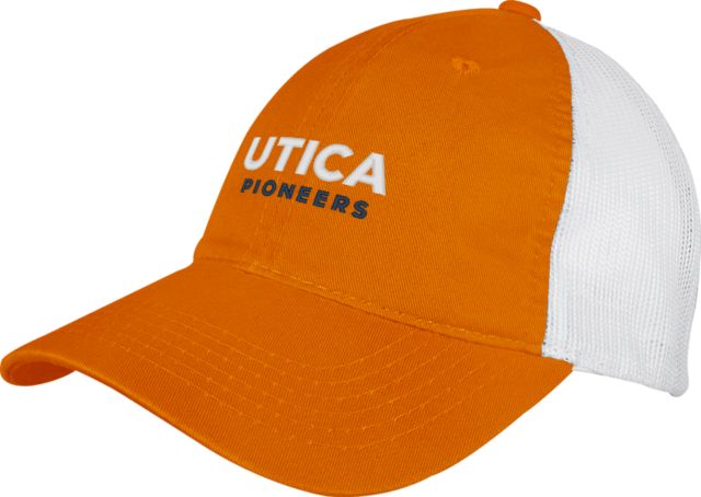Utica Orange/White Mesh Back Unstructured Low Profile Hat Utica Pioneers Wordmark - Athletics - ONLINE ONLY