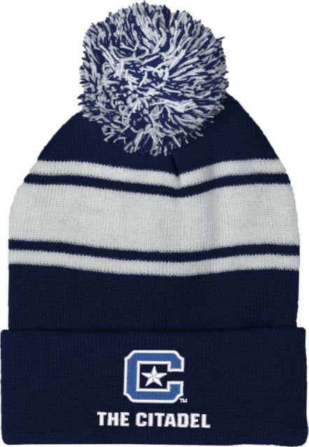 Citadel Navy/White Two Tone Knit Pom Beanie w/Cuff Primary Athletic Mark - ONLINE ONLY