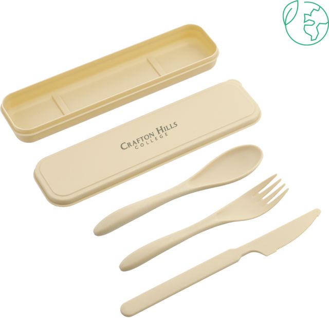 Crafton Hills Bamboo Fiber Beige Cutlery Set Crafton Hills College Wordmark Engraved - ONLINE ONLY