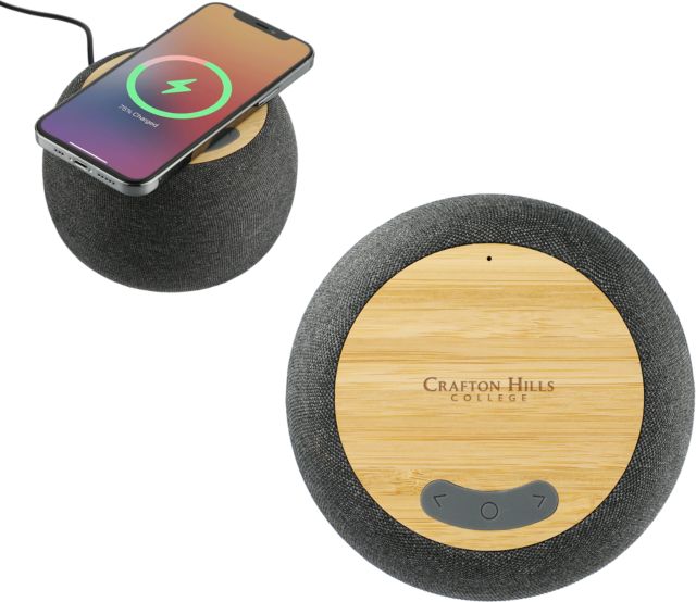 Crafton Hills Garm Fabric & Bamboo Speaker with Wireless Charging Crafton Hills College Wordmark Engraved - ONLINE ONLY