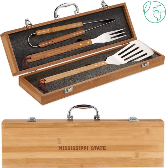 Mississippi State 3 Piece BBQ Grill Utensil Set with Bamboo Case Mississippi State Flat Word Mark Engraved