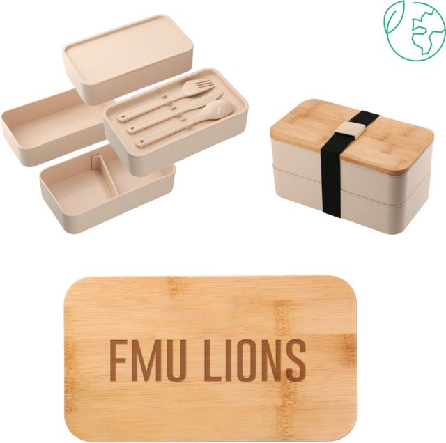 Florida Memorial Stackable Bamboo Fiber Beige Bento Box FMU Lions Engraved - ONLINE ONLY
