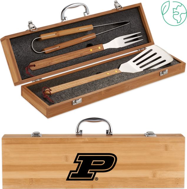 Purdue 3 Piece BBQ Grill Utensil Set with Bamboo Case Purdue Primary Athletic Mark Engraved