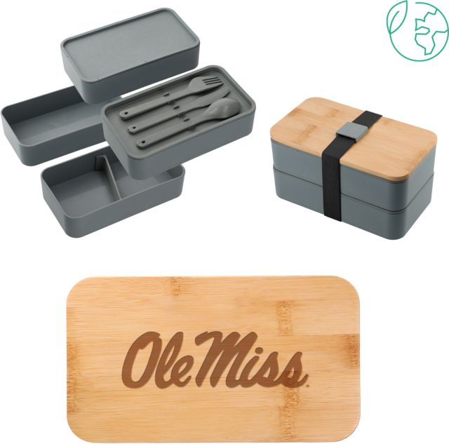 Ole Miss Stackable Bamboo Fiber Gray Bento Box Ole Miss Script - Official Wordmark Engraved - ONLINE ONLY