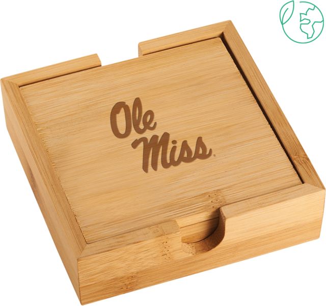 Ole Miss Bamboo Coaster Set Ole Miss Script - Primary Stacked Engraved - ONLINE ONLY