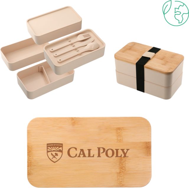 Cal Poly Stackable Bamboo Fiber Beige Bento Box Flat Wordmark Engraved - ONLINE ONLY