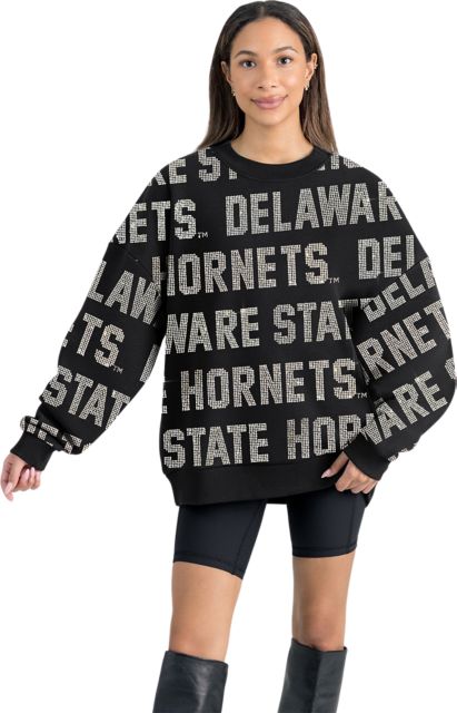Delaware State University Women's All-Over Pixelated Rhinestone Text Drop Shoulder Crewneck Pullover