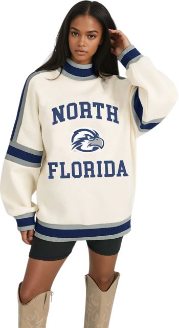 University of North Florida Women's Oversized Turtleneck Pullover with Bold Stretch-Knit Striped Detail