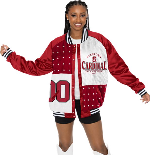 Stanford University Women's Mixed Media Throwback Varsity Bomber Jacket with Rhinestone Inserts