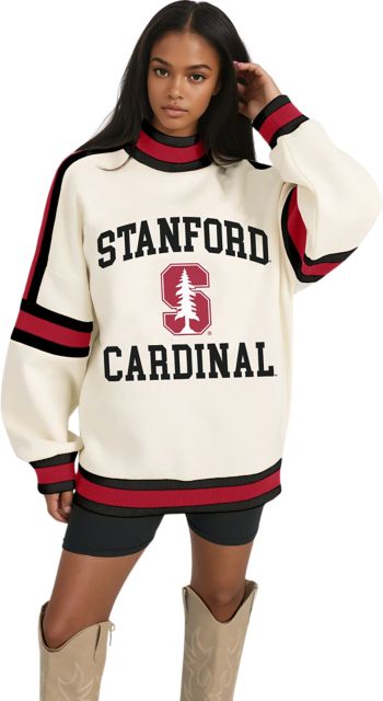 Stanford University Women's Oversized Turtleneck Pullover with Bold Stretch-Knit Striped Detail