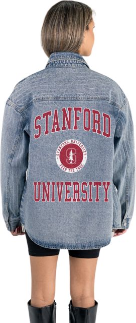 Stanford University Women's Micro-Rhinestone Stripe Washed Denim Overshirt with Button-Down Front