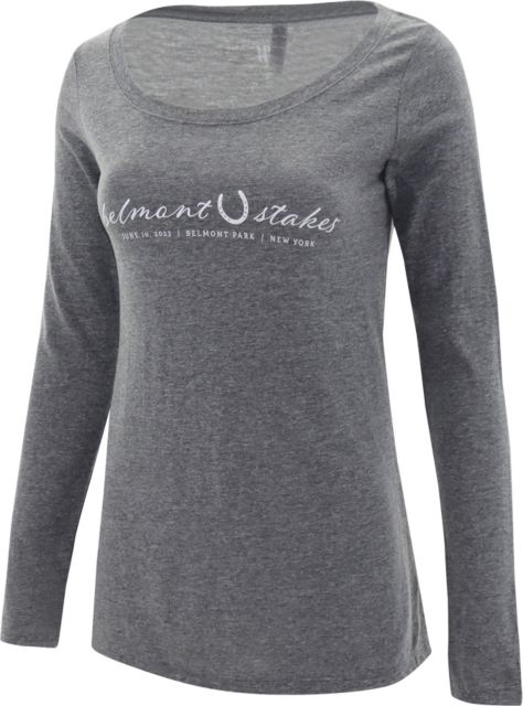 Belmont Stakes Horeshoe Script Womens Tri Blend Long Sleeve Scoop Neck Tee