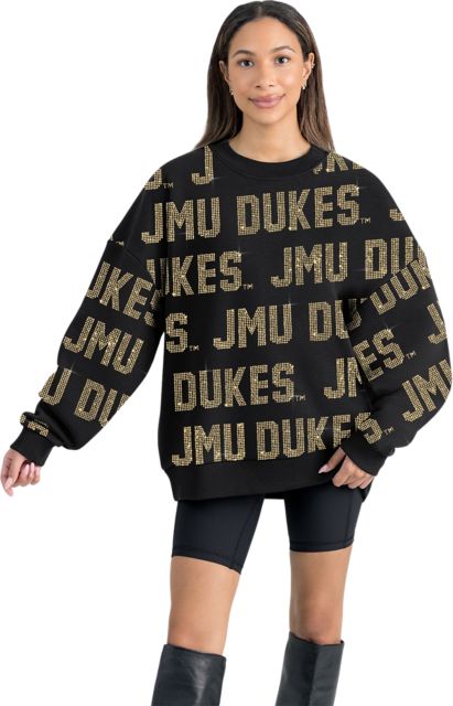 James Madison University Women's All-Over Pixelated Rhinestone Text Drop Shoulder Crewneck Pullover
