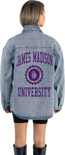 James Madison University Women's Micro-Rhinestone Stripe Washed Denim Overshirt with Button-Down Front