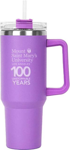 Mount Saint Marys Hippo Purple Mug & Straw Lid with Twist Closure 40 oz MSMU 100 Years Vertical Engraved - ONLINE ONLY