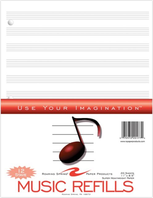 Music Filler Paper 12 Staves of Music Lines 11 IN x 8.5 IN 20 Sheets Heavyweight Smooth White Paper 3-Hole Punched