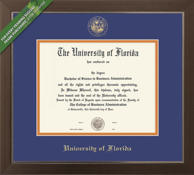 Framing Success 12 x 16 Diploma with Blue and Orange double mat and gold embossed University seal - ONLINE ONLY