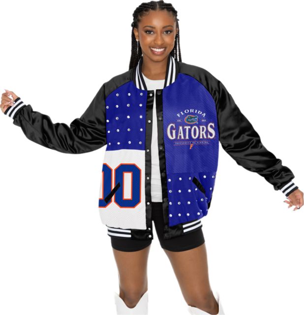 University of Florida Women's Mixed Media Throwback Varsity Bomber Jacket with Rhinestone Inserts