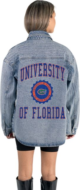 University of Florida Women's Micro-Rhinestone Stripe Washed Denim Overshirt with Button-Down Front