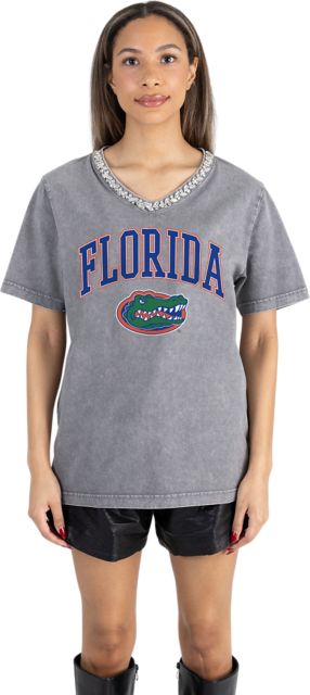 University of Florida Women's Garment-Washed Relaxed Fit Tee with Jeweled Rhinestone V-Neck