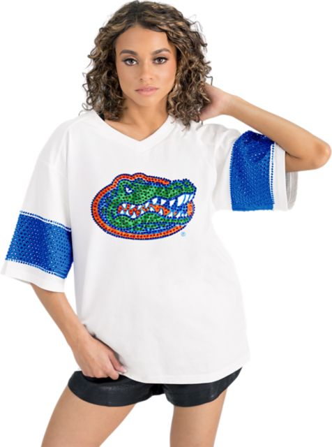 University of Florida Women's Half Sleeve Tee with Rhinestone Overlay Stripe Detail