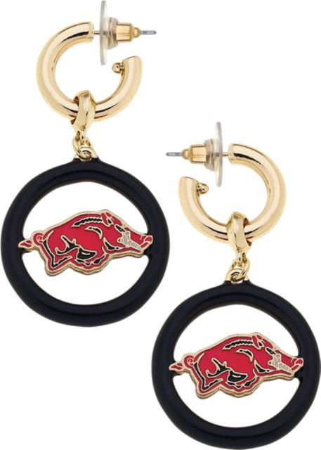 Arkansas Razorbacks Women's Arkansas Razorbacks Logo Medallion Drop Hoop Earrings in Shiny Gold
