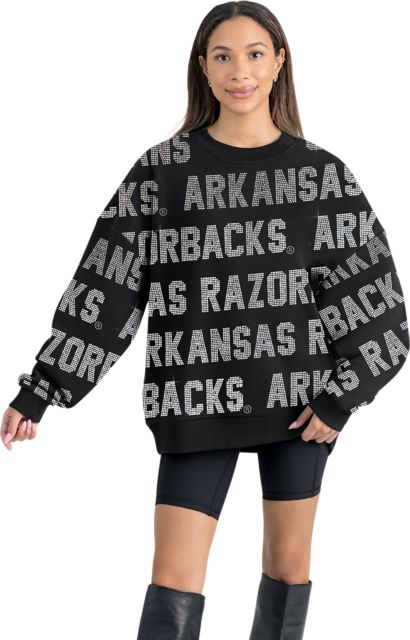 Arkansas Razorbacks Women's All-Over Pixelated Rhinestone Text Drop Shoulder Crewneck Pullover
