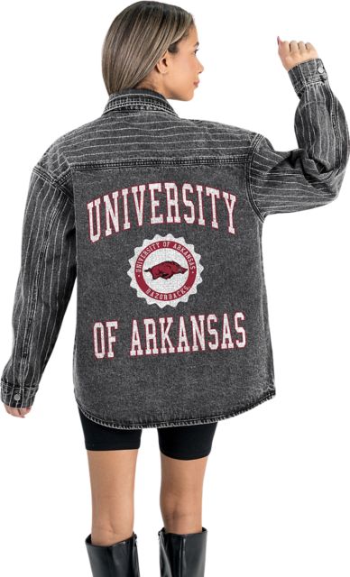 Arkansas Razorbacks Women's Micro-Rhinestone Stripe Washed Denim Overshirt with Button-Down Front