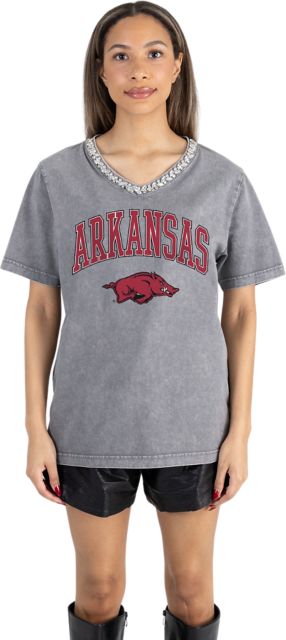 Arkansas Razorbacks Women's Garment-Washed Relaxed Fit Tee with Jeweled Rhinestone V-Neck
