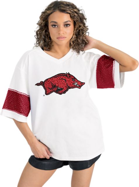 Arkansas Razorbacks Women's Half Sleeve Tee with Rhinestone Overlay Stripe Detail