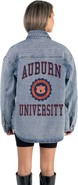 Auburn Tigers Women's Micro-Rhinestone Stripe Washed Denim Overshirt with Button-Down Front