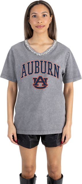 Auburn Tigers Women's Garment-Washed Relaxed Fit Tee with Jeweled Rhinestone V-Neck
