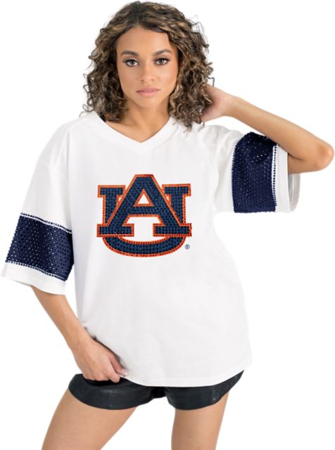 Auburn Tigers Women's Half Sleeve Tee with Rhinestone Overlay Stripe Detail