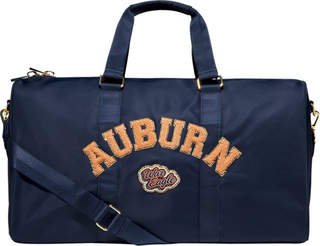 Auburn Tigers Sapphire Duffle Bag with "Auburn" in Glitter Varsity Letter Patches and Auburn University Patch