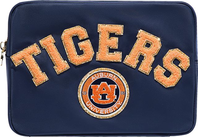 Auburn Tigers Sapphire Large Pouch with"Tigers" in Glitter Varsity Letters and&nbsp; Auburn University Patch
