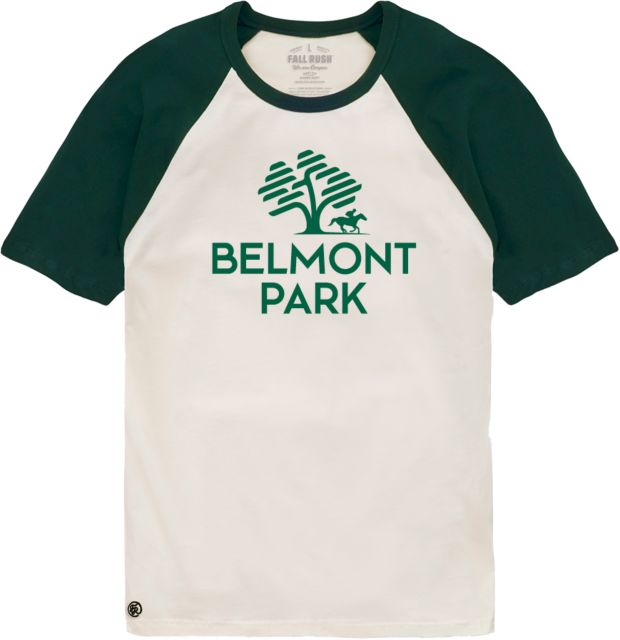 NYRA Fall Rush Oatmeal/Dark Green Raglan Short Sleeve T Shirt Belmont Park Stacked - ONLINE ONLY
