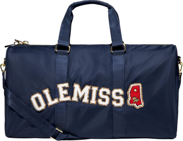 Ole Miss Rebels Sapphire Duffle Bag with "Ole Miss" in Glitter Varsity Letters and Ole Miss Patch