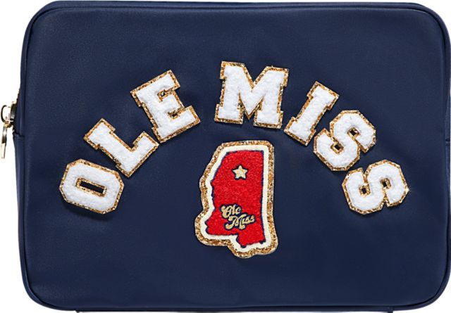 Ole Miss Rebels Sapphire Large Pouch with "Ole Miss" in Mini Glitter Varsity Letters and Ole Miss Patch