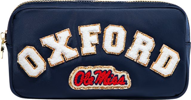 Ole Miss Rebels Sapphire Small Pouch with "Oxford" in Mini Glitter Varsity Letters and Ole Miss Patch