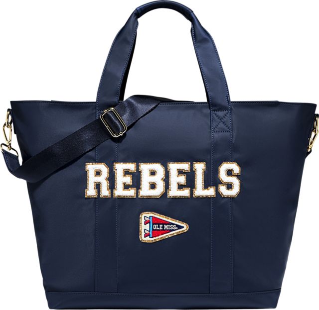 Ole Miss Rebels Sapphire Tote Bag with "Rebels" in Glitter Varsity Letters and Ole Miss Patch
